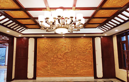 景泰中式别墅客厅中式木作横梁吊顶装饰展示