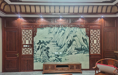 景泰中式仿古别墅客厅背景墙花格木作装饰